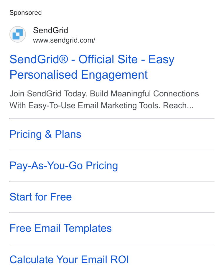 SendGrid ad on Google Ads: Send Grid® - Official Site - Easy Personalised Engagement Join Send Grid Today. Build Meaningful Connections With Easy-To-Use Email Marketing Tools. Reach... Pricing & Plans Pay-As-You-Go Pricing Start for Free Free Email Templates Calculate Your Email ROI