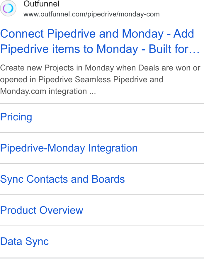 Outfunnel ad on Google Ads: Connect Pipedrive and Monday - Add Pipedrive items to Monday - Built for... Create new Projects in Monday when Deals are won or opened in Pipedrive Seamless Pipedrive and Monday.com integration ... Pricing Pipedrive-Monday Integration Sync Contacts and Boards Product Overview Data Sync