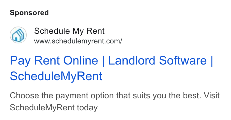 Schedule My Rent ad on Google Ads: Pay Rent Online | Landlord Software | ochedule My Rent Choose the payment option that suits you the best. Visit Schedule My Rent today