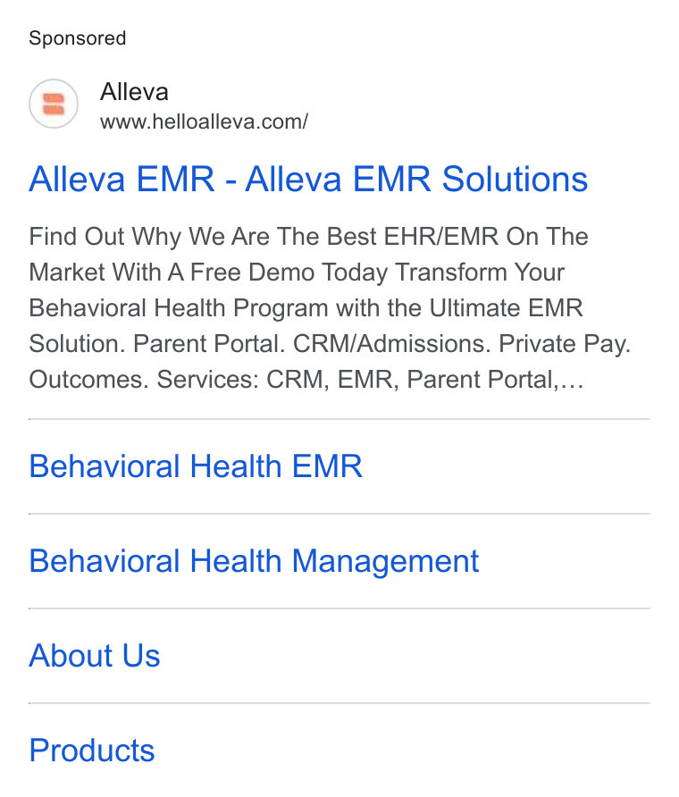 Alleva ad on Google Ads: Alleva EMR - Alleva EMR Solutions Find Out Why We Are The Best EHR/EMR On The Market With A Free Demo Today Transform Your Behavioral Health Program with the Ultimate EMR Solution. Parent Portal. CRM/Admissions. Private Pay. Outcomes. Services: CRM, EMR, Parent Portal... Behavioral Health EMR Behavioral Health Management About Us Products