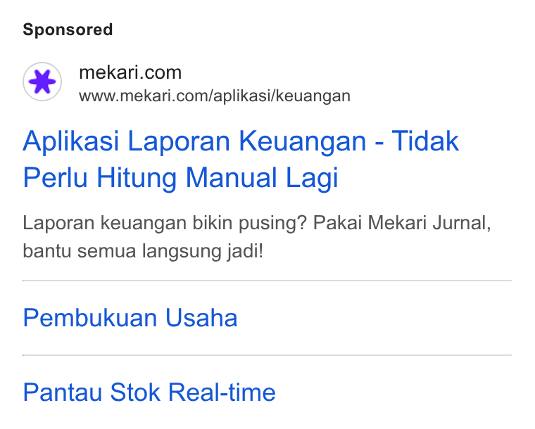 Mekari ad on Google Ads: www.mekari.com/aplikasi/keuangan Aplikasi Laporan Keuangan - Tidak Perlu Hitung Manual Lagi Laporan keuangan bikin pusing? Pakai Mekari Jurnal, bantu semua langsung jadi! Pembukuan Usaha Pantau Stok Real-time