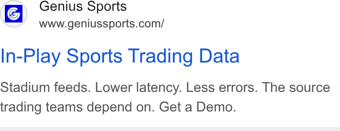 Genius Sports ad on Google Ads: In-Play Sports Trading Data Stadium feeds. Lower latency. Less errors. The source trading teams depend on. Get a Demo.