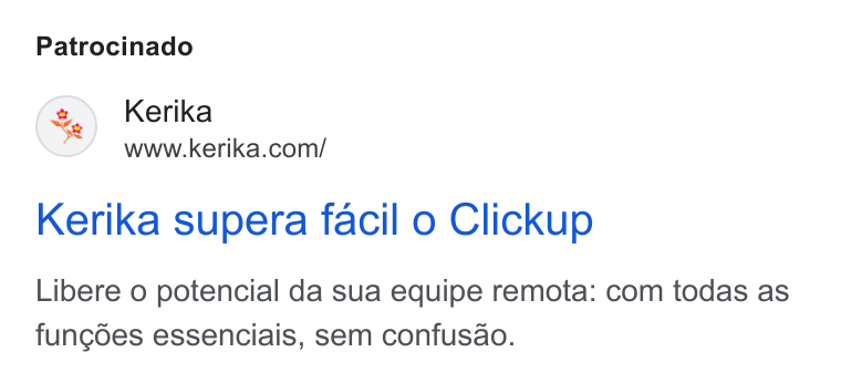 Kerika ad on Google Ads: Patrocinado Kerika supera facil o Clickup Libere o potencial da sua equipe remota: com todas as fungdes essenciais, sem confusao.