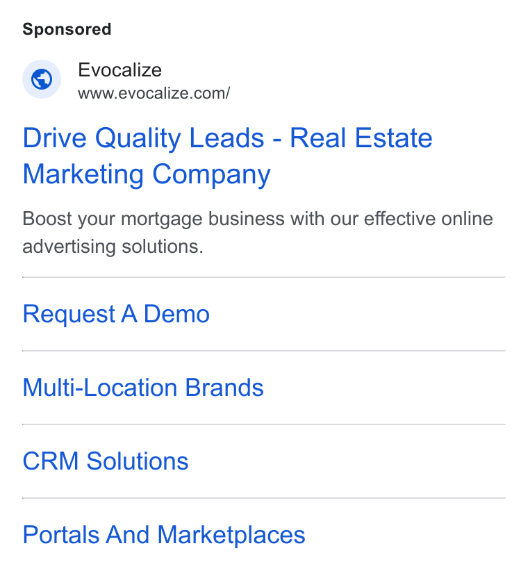 Evocalize ad on Google Ads: Drive Quality Leads - Real Estate Marketing Company Boost your mortgage business with our effective online advertising solutions. Request A Demo Multi-Location Brands CRM Solutions Portals And Marketplaces