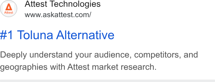 Attest ad on Google Ads: #1 Toluna Alternative Deeply understand your audience, competitors, and geographies with Attest market research.