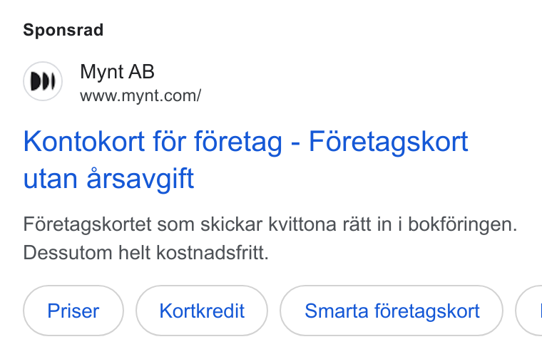 Mynt ad on Google Ads: Sponsrad Kontokort for foretag - Foretagskort utan arsavgift Foretagskortet som skickar kvittona ratt in i bokf6ringen. Dessutom helt kostnadsfritt. Kortkredit Smarta féretagskort C