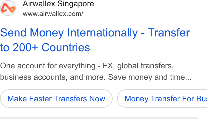 Airwallex ad on Google Ads: send Money Internationally - Transfer to 200+ Countries One account for everything - FX, global transfers, business accounts, and more. Save money and time... Make Faster Transfers Now } ( Money Transfer For Bu