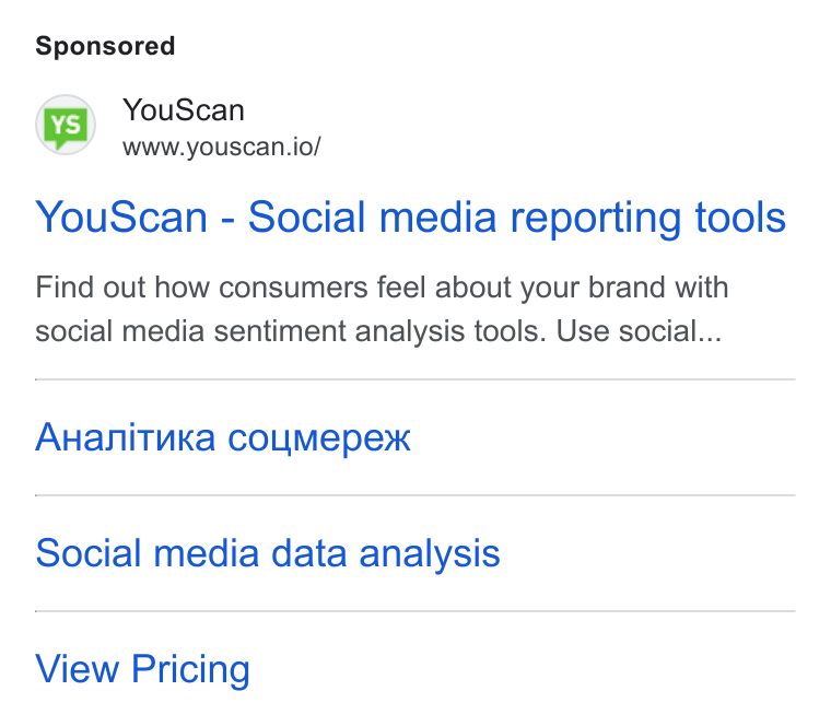 YouScan ad on Google Ads: (vs) You Scan www.youscan.io/ You Scan - Social media reporting tools Find out how consumers feel about your brand with social media sentiment analysis tools. Use social... Au Hanituka coum Mepexk Social media data analysis View Pricing