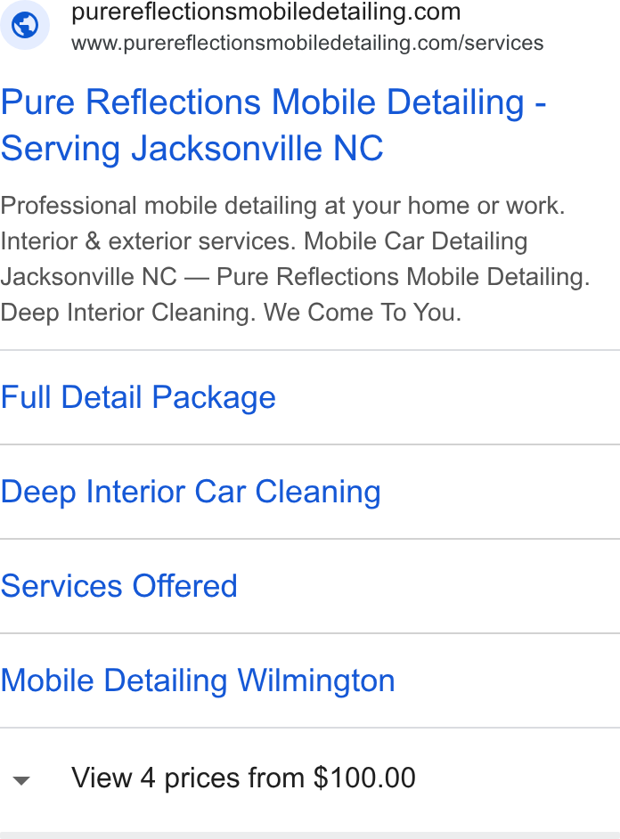 Acuity Scheduling ad on Google Ads: Nl www.purereflectionsmobiledetailing.com/services Pure Reflections Mobile Detailing - serving Jacksonville NC Professional mobile detailing at your home or work. Interior & exterior services. Mobile Car Detailing Jacksonville NC — Pure Reflections Mobile Detailing. Deep Interior Cleaning. We Come To You. Full Detail Package Deep Interior Car Cleaning Services Offered Mobile Detailing Wilmington View 4 prices from $100.00