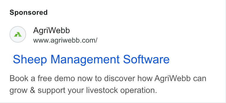 AgriWebb ad on Google Ads: Sheep Management Software Book a free demo now to discover how Agri Webb can grow & support your livestock operation.