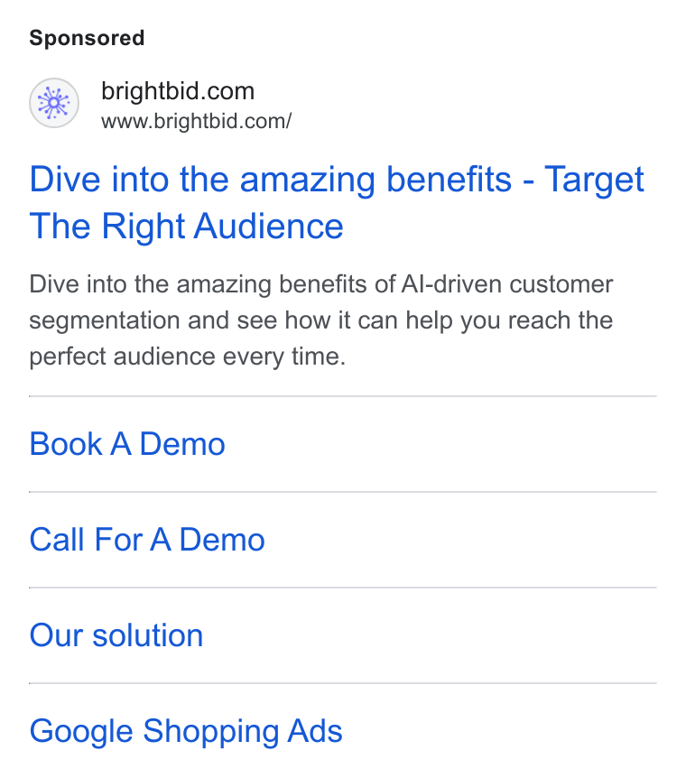BrightBid ad on Google Ads: www.brightbid.com/ Dive into the amazing benefits - Target The Right Audience Dive into the amazing benefits of Al-driven customer segmentation and see how it can help you reach the perfect audience every time. Book A Demo Call For A Demo Our solution Google Shopping Ads