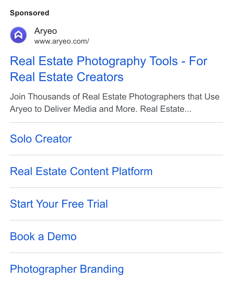 Aryeo ad on Google Ads: Real Estate Photography Tools - For Real Estate Creators Join Thousands of Real Estate Photographers that Use Aryeo to Deliver Media and More. Real Estate... Solo Creator Real Estate Content Platform Start Your Free Trial Book a Demo Photographer Branding