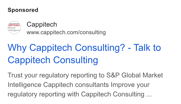 Cappitech ad on Google Ads: Why Cappitech Consulting? - Talk to Cappitech Consulting Trust your regulatory reporting to S& P Global Market Intelligence Cappitech consultants Improve your regulatory reporting with Cappitech Consulting ...