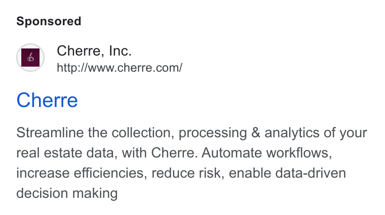 Cherre ad on Google Ads: Cherre Streamline the collection, processing & analytics of your real estate data, with Cherre. Automate workflows, increase efficiencies, reduce risk, enable data-driven decision making