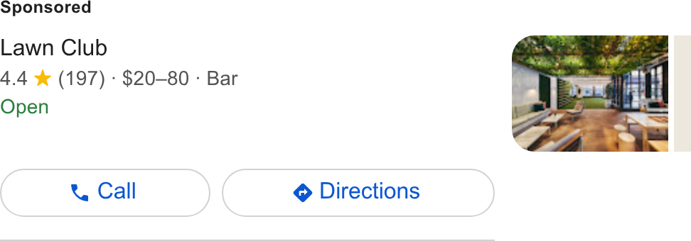 SevenRooms ad on Google Ads: Lawn Club 4.4 *& (197) - $20-80 - Bar Open