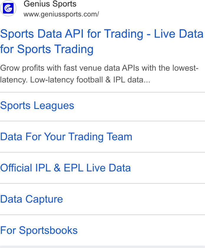 Genius Sports ad on Google Ads: Sports Data API for Trading - Live Data for Sports Trading Grow profits with fast venue data APIs with the lowest- latency. Low-latency football & IPL data... Sports Leagues Data For Your Trading Team Official IPL & EPL Live Data Data Capture For Sportsbooks