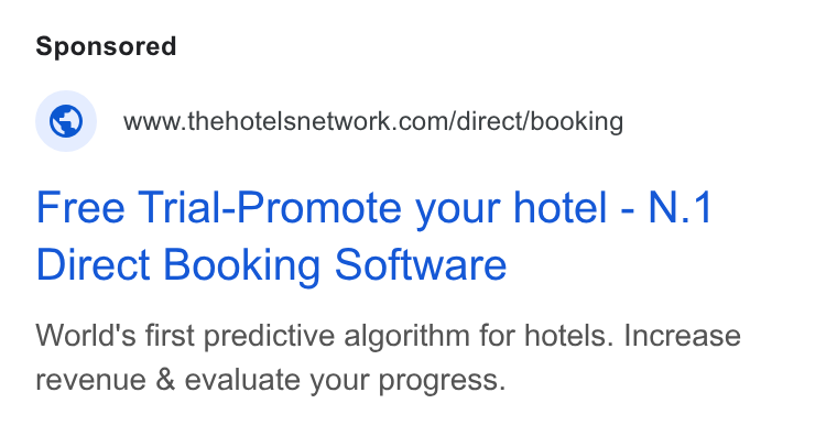 The Hotels Network ad on Google Ads: Free Trial-Promote your hotel - N.1 Direct Booking Software World's first predictive algorithm for hotels. Increase revenue & evaluate your progress.