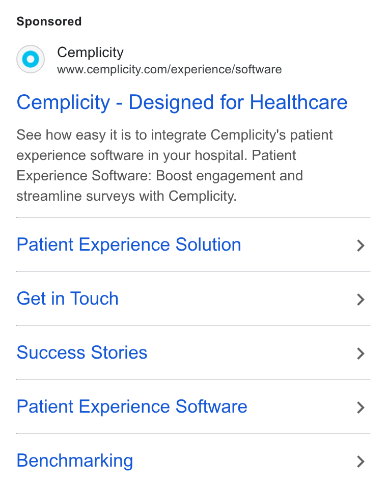 Cemplicity ad on Google Ads: Cemplicity - Designed for Healthcare See how easy it is to integrate Cempilicity's patient experience software in your hospital. Patient Experience Software: Boost engagement and streamline surveys with Cemplicity. Patient Experience Solution Get in Touch Success Stories Patient Experience Software Benchmarking