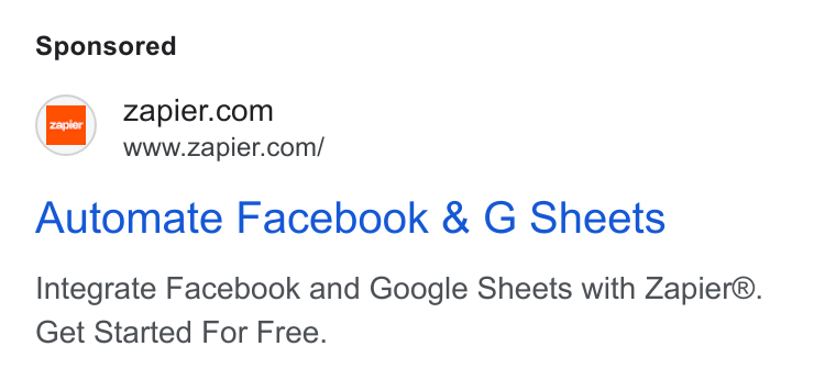 Zapier ad on Google Ads: www.zapier.com/ Automate Facebook & G Sheets Integrate Facebook and Google Sheets with Zapier®. Get Started For Free.