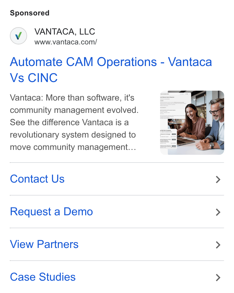Vantaca ad on Google Ads: Automate CAM Operations - Vantaca Vs CINC Vantaca: More than software, it's community management evolved. See the difference Vantaca is a revolutionary system designed to move community management... Contact Us Request a Demo View Partners Case Studies