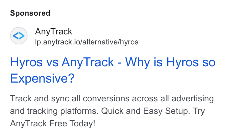 AnyTrack.io ad on Google Ads: Any Track Ip.anytrack.io/alternative/hyros Hyros vs Any Track - Why is Hyros so Expensive? Track and sync all conversions across all advertising and tracking platforms. Quick and Easy Setup. Try Any Track Free Today!