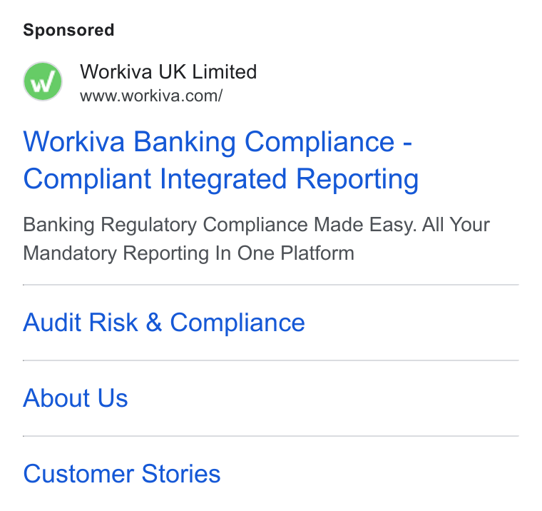 Workiva ad on Google Ads: Workiva Banking Compliance - Compliant Integrated Reporting Banking Regulatory Compliance Made Easy. All Your Mandatory Reporting In One Platform Audit Risk & Compliance About Us Customer Stories