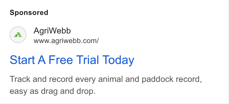 AgriWebb ad on Google Ads: Start A Free Trial Today Track and record every animal and paddock record, easy as drag and drop.