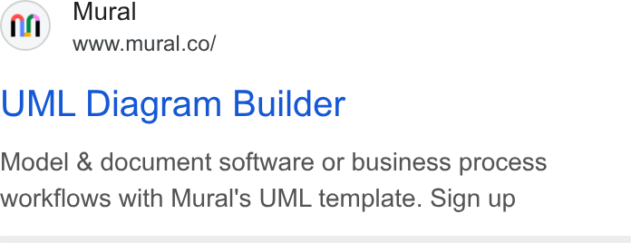 Mural ad on Google Ads: UML Diagram Builder Model & document software or business process workflows with Mural's UML template. Sign up
