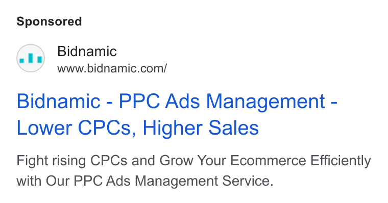Bidnamic ad on Google Ads: Bidnamic - PPC Ads Management - Lower CPCs, Higher Sales Fight rising CPCs and Grow Your Ecommerce Efficiently with Our PPC Ads Management Service.