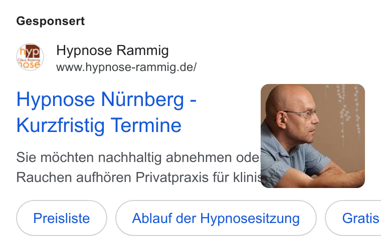 YouCanBookMe ad on Google Ads: Gesponsert Hypnose Nurnberg - Kurzfristig Termine Sie méchten nachhaltig abnehmen ode ENShl E- Rauchen aufh6ren Privatpraxis fir klinis i Ablauf der Hypnosesitzung }( Gratis