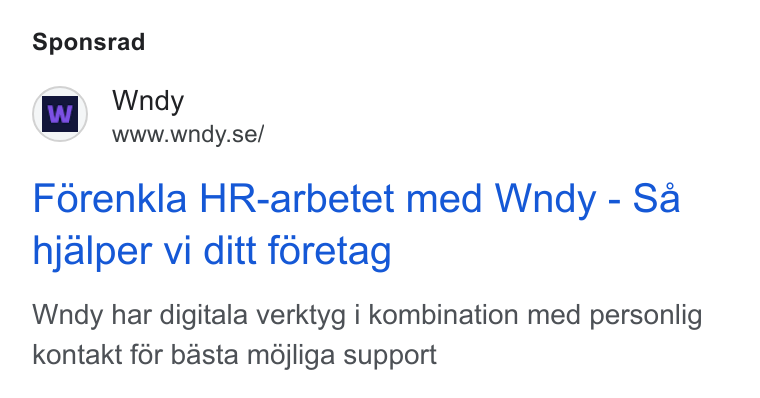 Wndy ad on Google Ads: Sponsrad Forenkla HR-arbetet med Wndy - Sa hjalper vi ditt foretag Whndy har digitala verktyg i kombination med personlig kontakt for basta mdjliga support