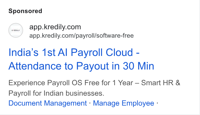 Kredily ad on Google Ads: app.kredily.com/payroll/software-free India’s 1st Al Payroll Cloud - Attendance to Payout in 30 Min Experience Payroll OS Free for 1 Year — Smart HR & Payroll for Indian businesses. Document Management : Manage Employee -