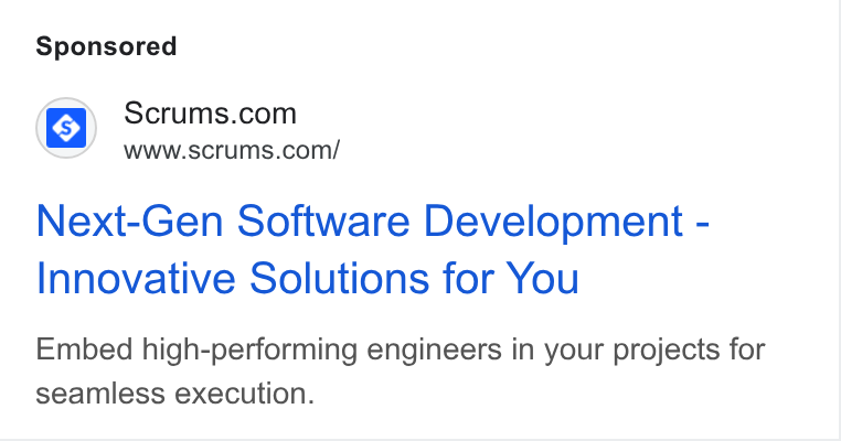 Scrums.com ad on Google Ads: www.scrums.com/ Next-Gen Software Development - Innovative Solutions for You Embed high-performing engineers in your projects for seamless execution.