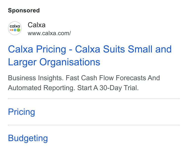 Calxa ad on Google Ads: Calxa Calxa Pricing - Calxa Suits Small and Larger Organisations Business Insights. Fast Cash Flow Forecasts And Automated Reporting. Start A 30-Day Trial. Pricing Budgeting