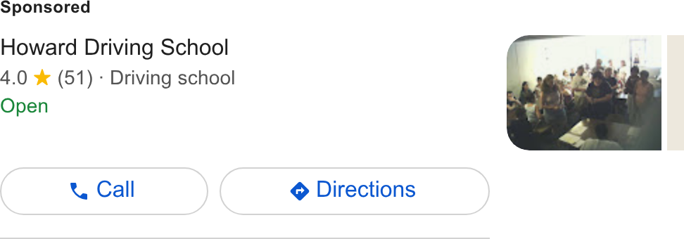 Eventbee ad on Google Ads: Howard Driving School 4.0 % (51) - Driving school Open