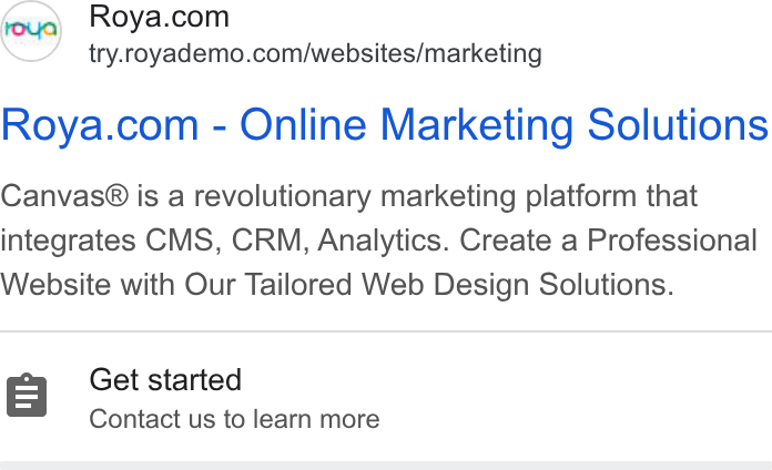 Roya.com ad on Google Ads: try.royademo.com/websites/marketing Roya.com - Online Marketing Solutions Canvas® is a revolutionary marketing platform that integrates CMS, CRM, Analytics. Create a Professional Website with Our Tailored Web Design Solutions. Get started Contact us to learn more