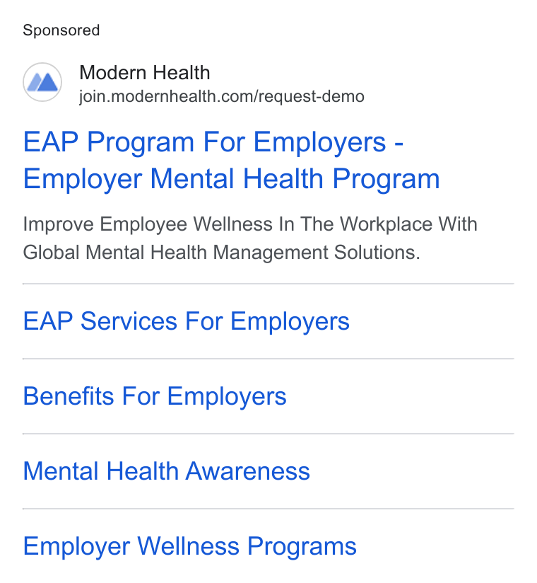 Modern Health ad on Google Ads: EAP Program For Employers - Employer Mental Health Program Improve Employee Wellness In The Workplace With Global Mental Health Management Solutions. EAP Services For Employers Benefits For Employers Mental Health Awareness Employer Wellness Programs