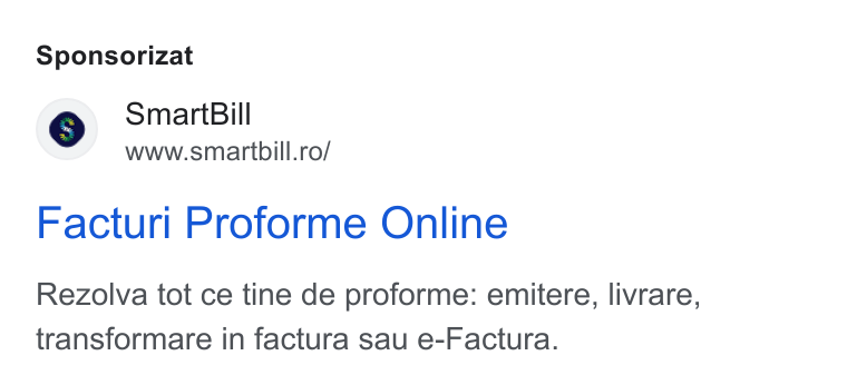 SmartBill ad on Google Ads: Sponsorizat Facturi Proforme Online Rezolva tot ce tine de proforme: emitere, livrare, transformare in factura sau e-Factura.