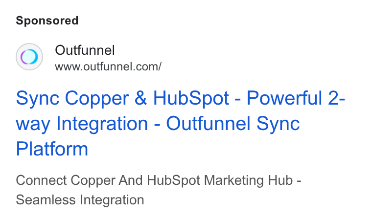 Outfunnel ad on Google Ads: sync Copper & Hub Spot - Powerful 2- way Integration - Outfunnel Sync Platform Connect Copper And Hub Spot Marketing Hub - Seamless Integration