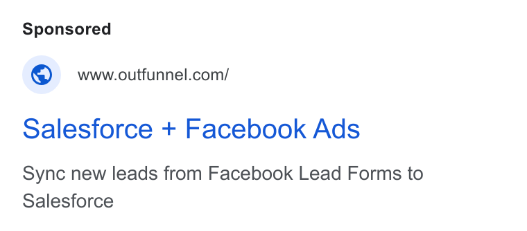 Outfunnel ad on Google Ads: Salesforce + Facebook Ads Sync new leads from Facebook Lead Forms to Salesforce