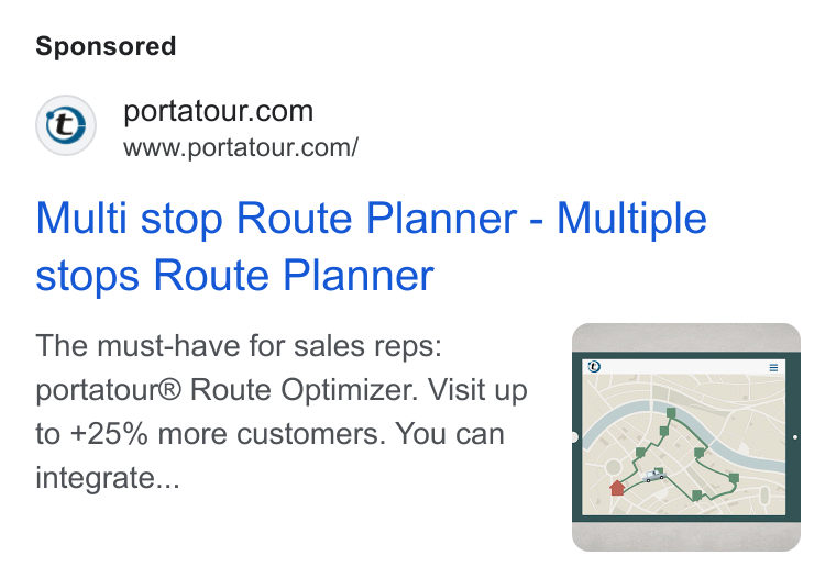 portatour ad on Google Ads: www.portatour.com/ Multi stop Route Planner - Multiple stops Route Planner The must-have for sales reps: portatour® Route Optimizer. Visit up to +25% more customers. You can integrate...