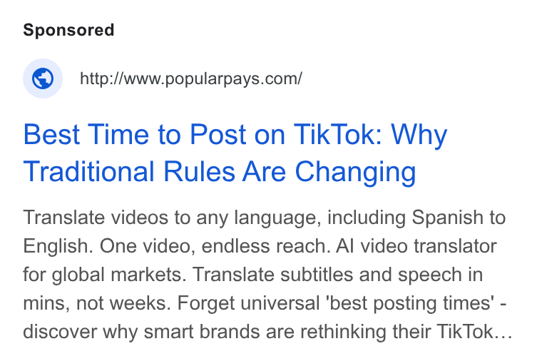 Popular Pays ad on Google Ads: Best Time to Post on Tik Tok: Why Traditional Rules Are Changing Translate videos to any language, including Spanish to English. One video, endless reach. Al video translator for global markets. Translate subtitles and speech in mins, not weeks. Forget universal 'best posting times’ - discover why smart brands are rethinking their Tik Tok...