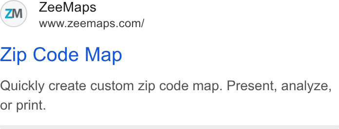 ZeeMaps ad on Google Ads: Zip Code Map Quickly create custom zip code map. Present, analyze, or print.