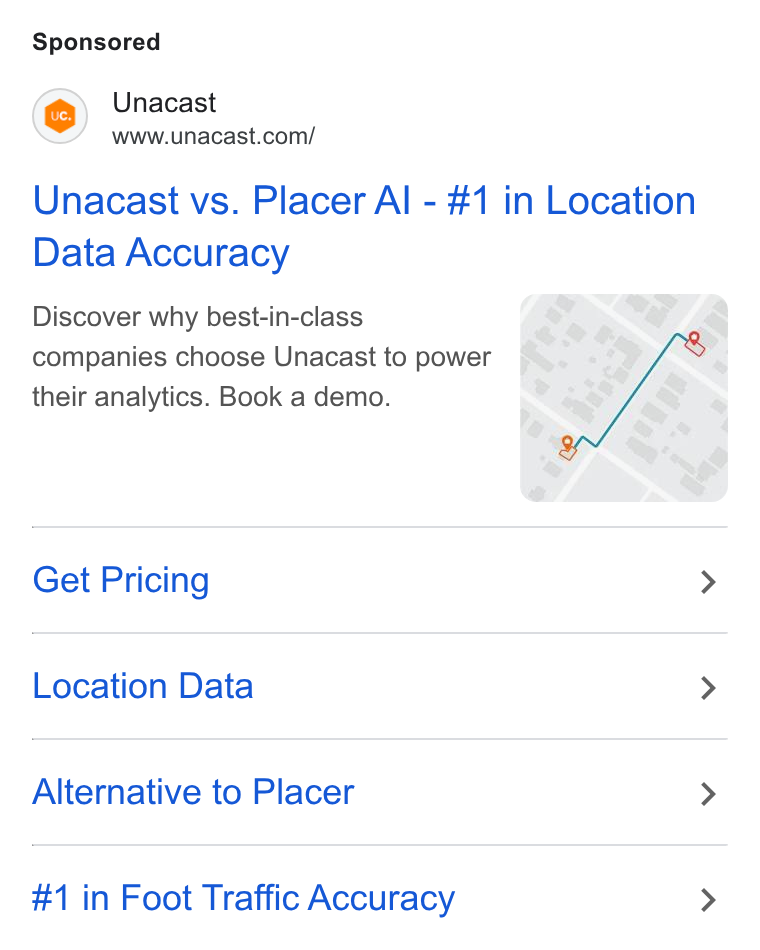 Unacast ad on Google Ads: Unacast vs. Placer Al - #1 in Location Data Accuracy Discover why best-in-class companies choose Unacast to power their analytics. Book a demo. Get Pricing Location Data > Alternative to Placer > #1 in Foot Traffic Accuracy >