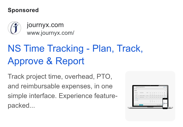 Journyx ad on Google Ads: www.journyx.com/ NS Time Tracking - Plan, Track, Approve & Report Track project time, overhead, PTO, and reimbursable expenses, in one simple interface. Experience feature- packed...