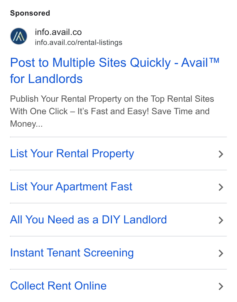 Avail ad on Google Ads: : info.avail.co/rental-listings Post to Multiple Sites Quickly - Avail™ for Landlords Publish Your Rental Property on the Top Rental Sites With One Click — It's Fast and Easy! Save Time and Money... List Your Rental Property > List Your Apartment Fast > All You Need as a DIY Landlord > Instant Tenant Screening > Collect Rent Online >