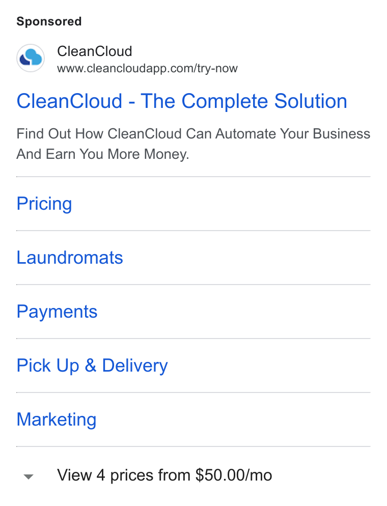 CleanCloud ad on Google Ads: Clean Cloud - The Complete Solution Find Out How Clean Cloud Can Automate Your Business And Earn You More Money. Pricing Laundromats Payments Pick Up & Delivery Marketing View 4 prices from $50.00/mo