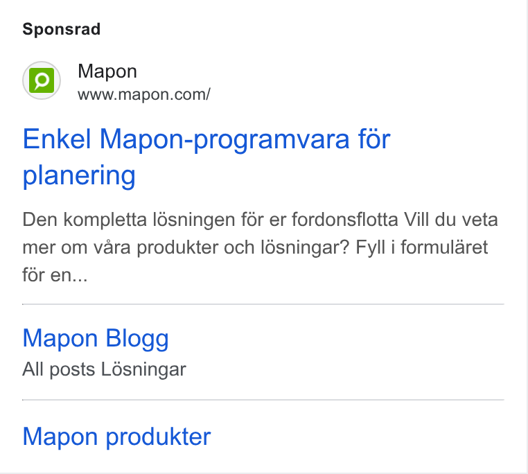 Mapon ad on Google Ads: Sponsrad Enkel Mapon-programvara for planering Den kompletta lésningen fér er fordonsflotta Vill du veta mer om vara produkter och ldésningar? Fyll i formularet for en... Mapon Blogg All posts Lésningar Mapon produkter