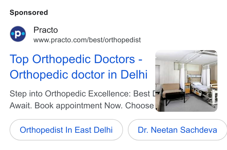 Practo ad on Google Ads: Top Orthopedic Doctors - Orthopedic doctor in Delhi Step into Orthopedic Excellence: Best Ff Await. Book appointment Now. Choose, Orthopedist In East Delhi } ( Dr. Neetan Sachdeva