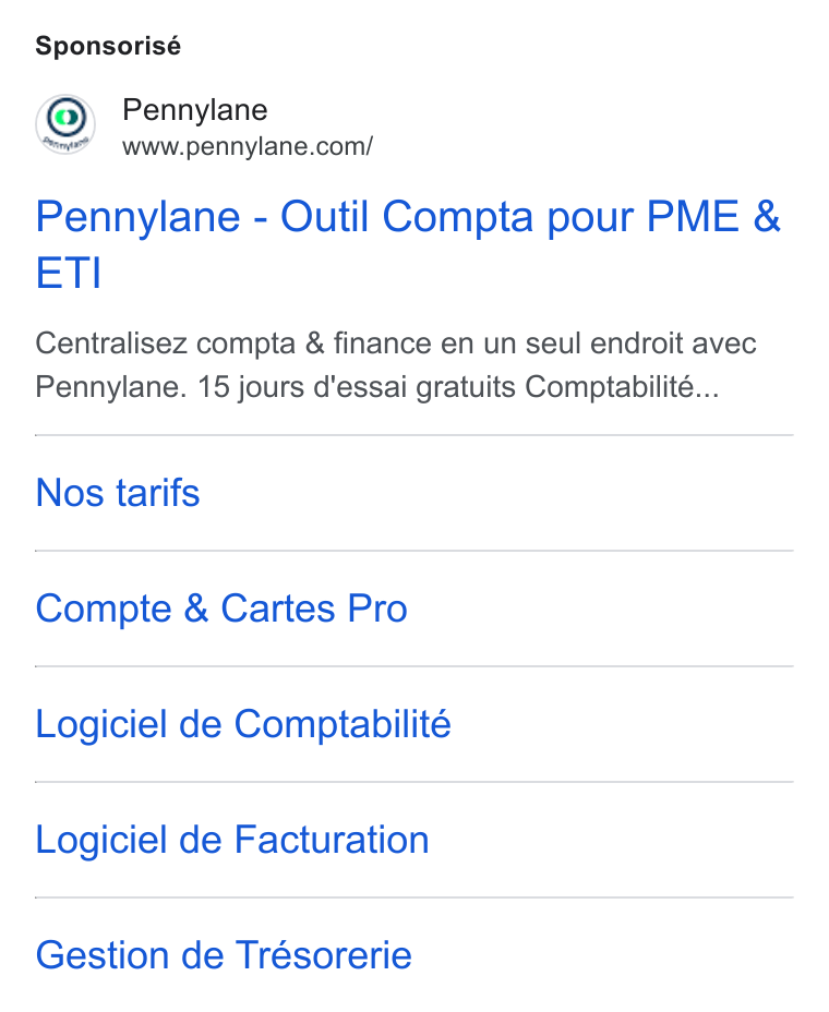 Pennylane ad on Google Ads: Sponsorisé Pennylane - Outil Compta pour PME & ETI Centralisez compta & finance en un seul endroit avec Pennylane. 15 jours d'essai gratuits Comptabilité... Nos tarifs Compte & Cartes Pro Logiciel de Comptabilité Logiciel de Facturation Gestion de Trésorerie